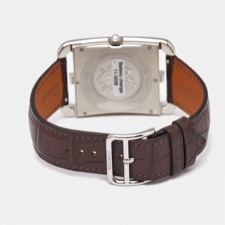 Pre Owned Hermes Silver Stainless Steel Alligator Leather Cape Cod CC1.810 Women's Wristwatch 33 mm