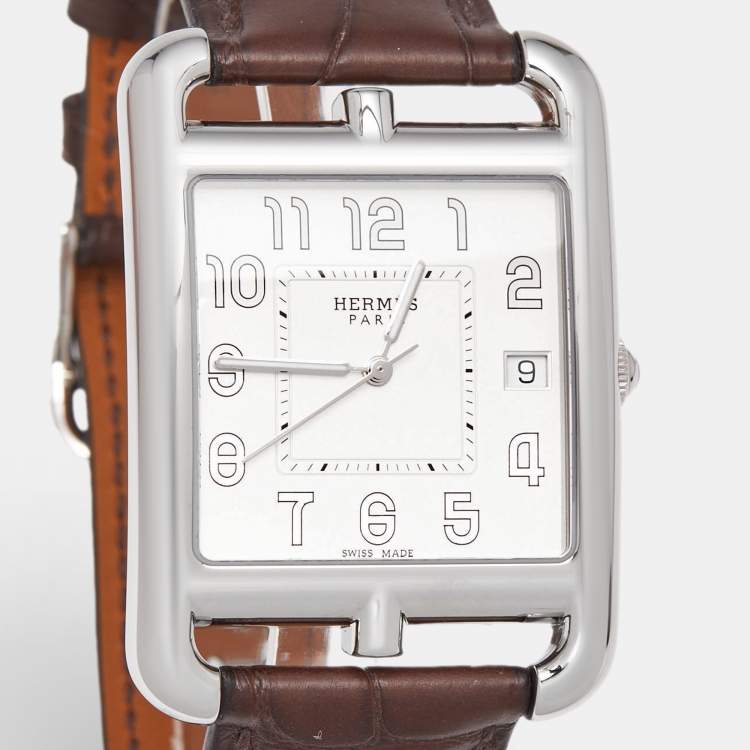 Pre Owned Hermes Silver Stainless Steel Alligator Leather Cape Cod CC1.810 Women's Wristwatch 33 mm