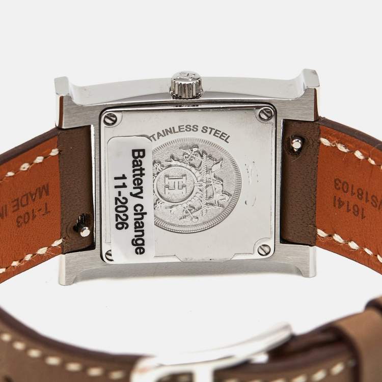 Pre Owned Hermes Mother Of Pearl Diamond Stainless Steel Leather Heure H W046512WW Women's Wristwatch 21 mm