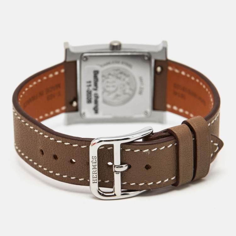 Pre Owned Hermes Mother Of Pearl Diamond Stainless Steel Leather Heure H W046512WW Women's Wristwatch 21 mm