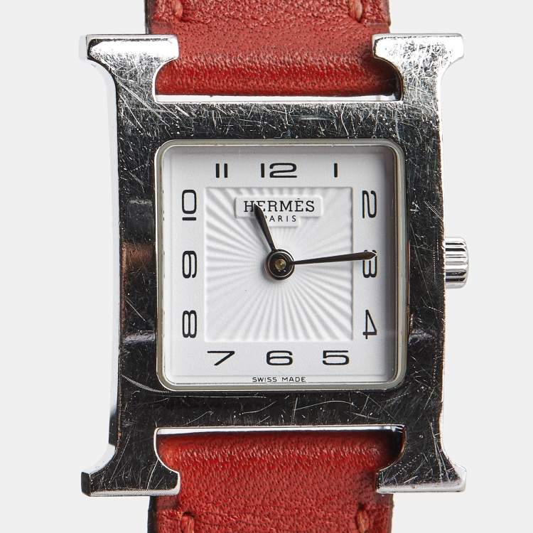 Pre Owned Hermes White Stainless Steel Leather Heure H HH1.210 Women's Wristwatch 21 mm