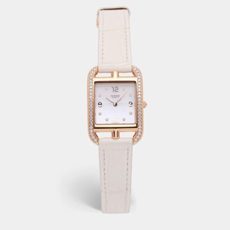 Pre Owned Hermes White Mother of Pearl Diamonds 18K Rose Gold Cape Cod CC1.274 Women's Wristwatch 23 mm