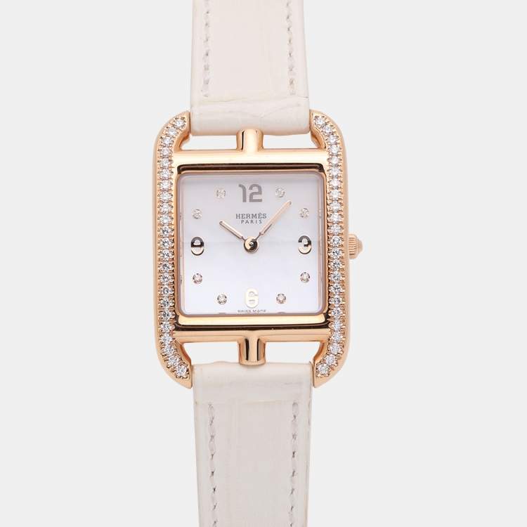 Pre Owned Hermes White Mother of Pearl Diamonds 18K Rose Gold Cape Cod CC1.274 Women's Wristwatch 23 mm