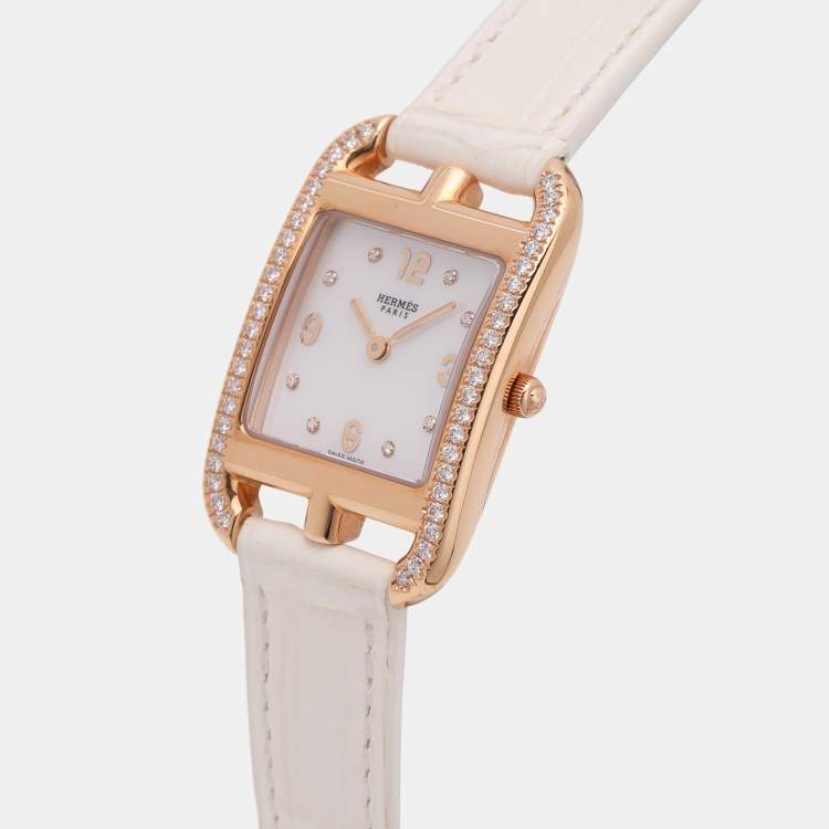 Pre Owned Hermes White Mother of Pearl Diamonds 18K Rose Gold Cape Cod CC1.274 Women's Wristwatch 23 mm