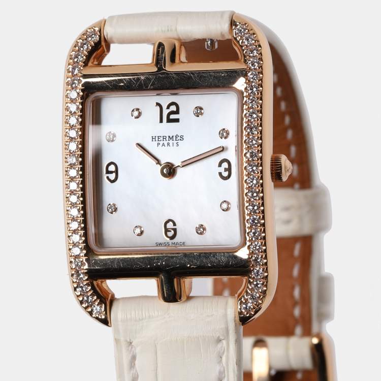 Pre Owned Hermes White Mother of Pearl Diamonds 18K Rose Gold Cape Cod CC1.274 Women's Wristwatch 23 mm