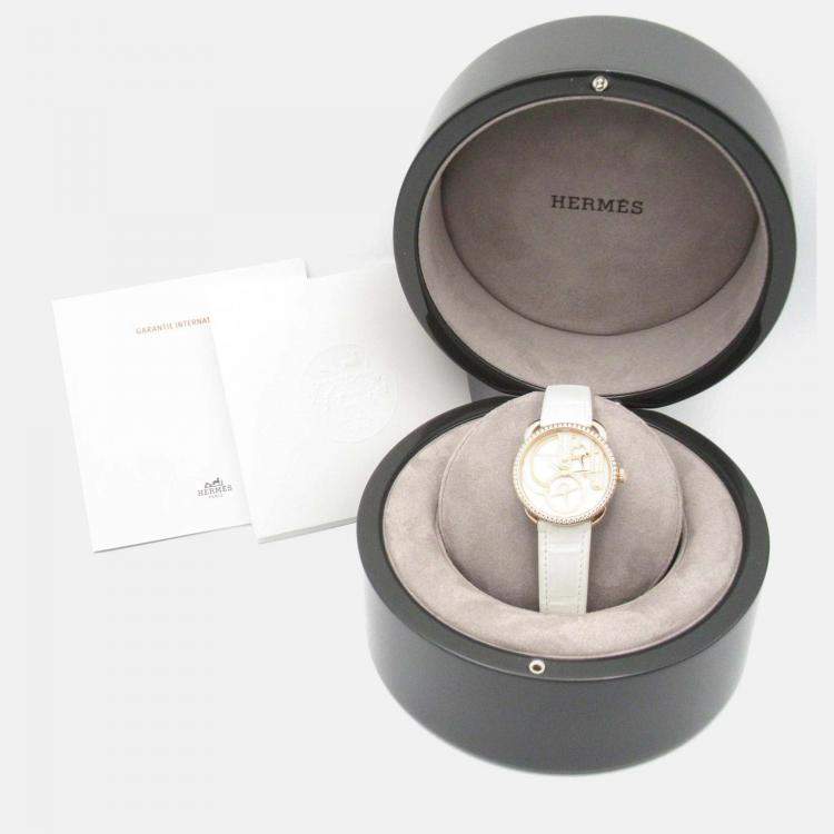 Pre Owned Hermes Arceau AR12.671 Quartz White 18k Rose Gold Women's Wristwatch 34 mm