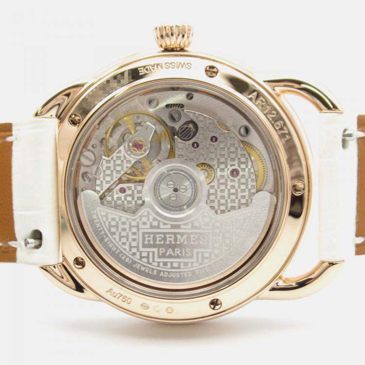 Pre Owned Hermes Arceau AR12.671 Quartz White 18k Rose Gold Women's Wristwatch 34 mm