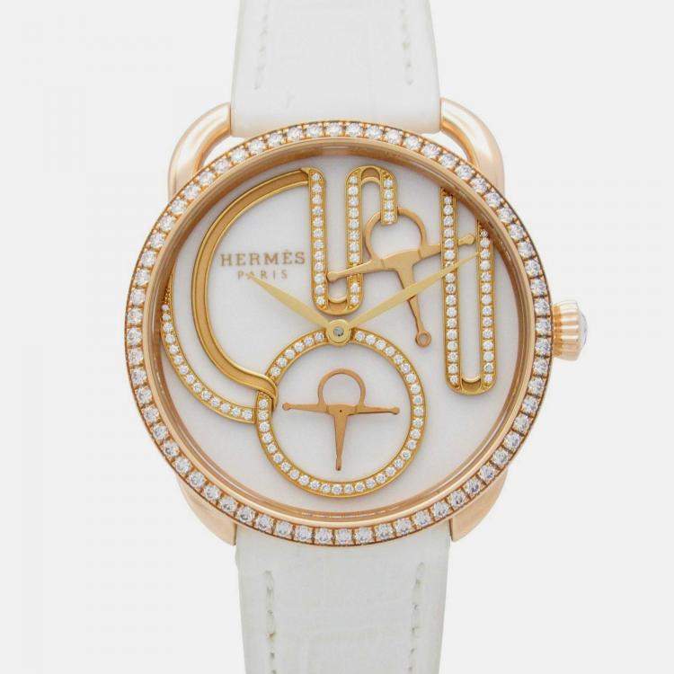 Pre Owned Hermes Arceau AR12.671 Quartz White 18k Rose Gold Women's Wristwatch 34 mm