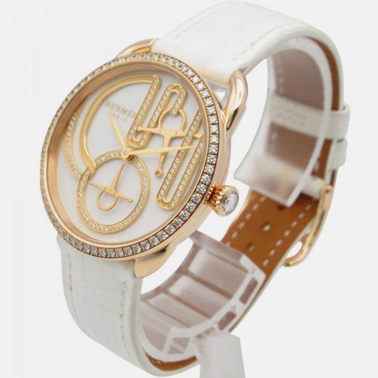 Pre Owned Hermes Arceau AR12.671 Quartz White 18k Rose Gold Women's Wristwatch 34 mm