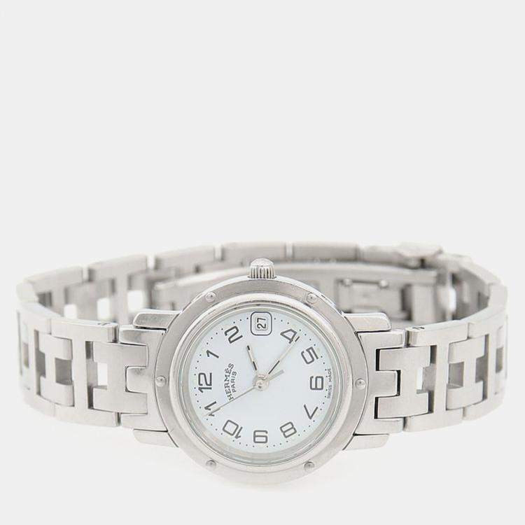 Pre Owned Hermes Clipper CL4.210 Quartz White Stainless Steel Women's Wristwatch 24 mm