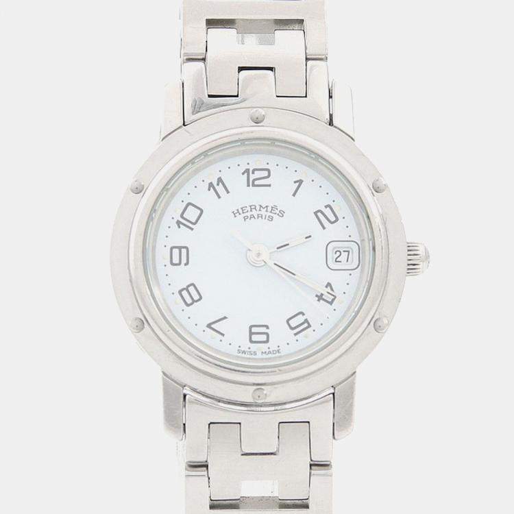 Pre Owned Hermes Clipper CL4.210 Quartz White Stainless Steel Women's Wristwatch 24 mm