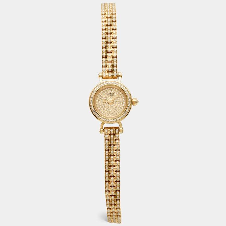 Pre Owned Hermes Faubourg Joailliere FG3.186 Diamond Pave Dial 18K Yellow Gold Women's Wristwatch 16.20 mm
