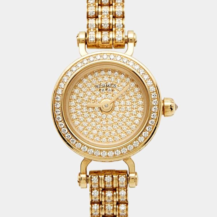 Pre Owned Hermes Faubourg Joailliere FG3.186 Diamond Pave Dial 18K Yellow Gold Women's Wristwatch 16.20 mm