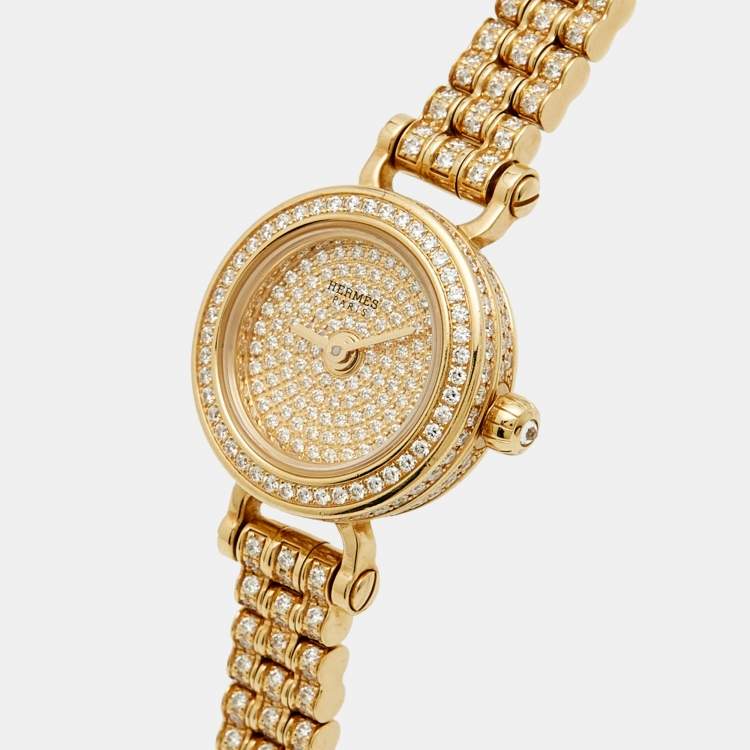 Pre Owned Hermes Faubourg Joailliere FG3.186 Diamond Pave Dial 18K Yellow Gold Women's Wristwatch 16.20 mm