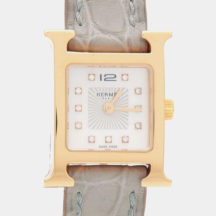 Pre Owned Hermes Heure H Diamond HH1.102 Quartz MOP Gold Plated Stainless Steel Womens Wristwatch 17.5 mm