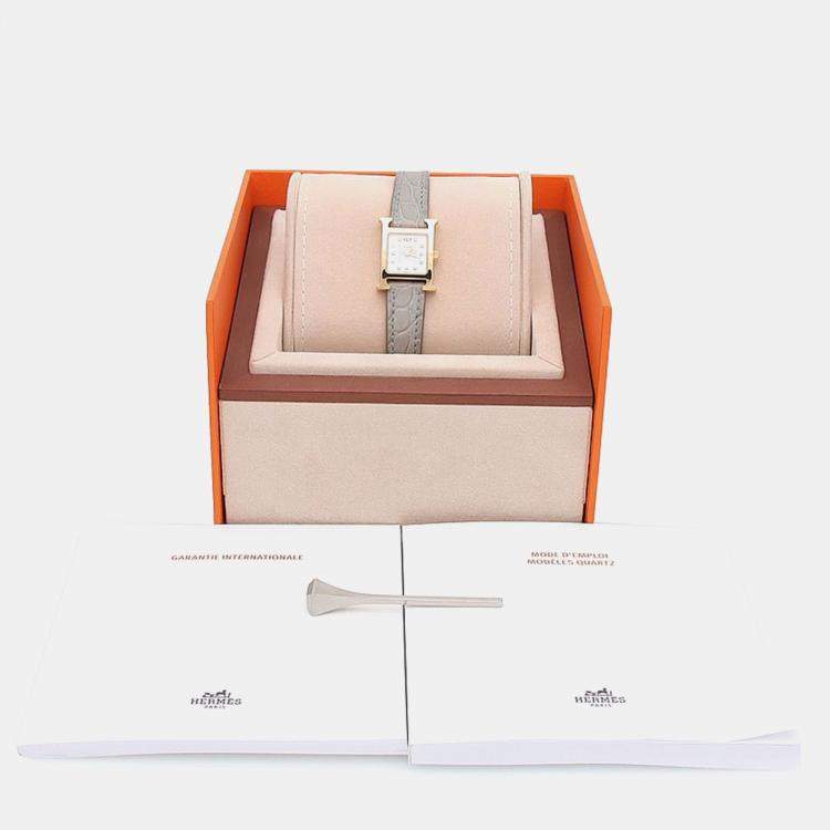 Pre Owned Hermes Heure H Diamond HH1.102 Quartz MOP Gold Plated Stainless Steel Womens Wristwatch 17.5 mm