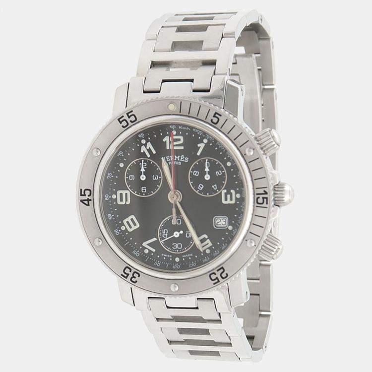 Pre Owned Hermes Clipper Chronograph CL2.910 Quartz Black Stainless Steel Men's Wristwatch 38mm