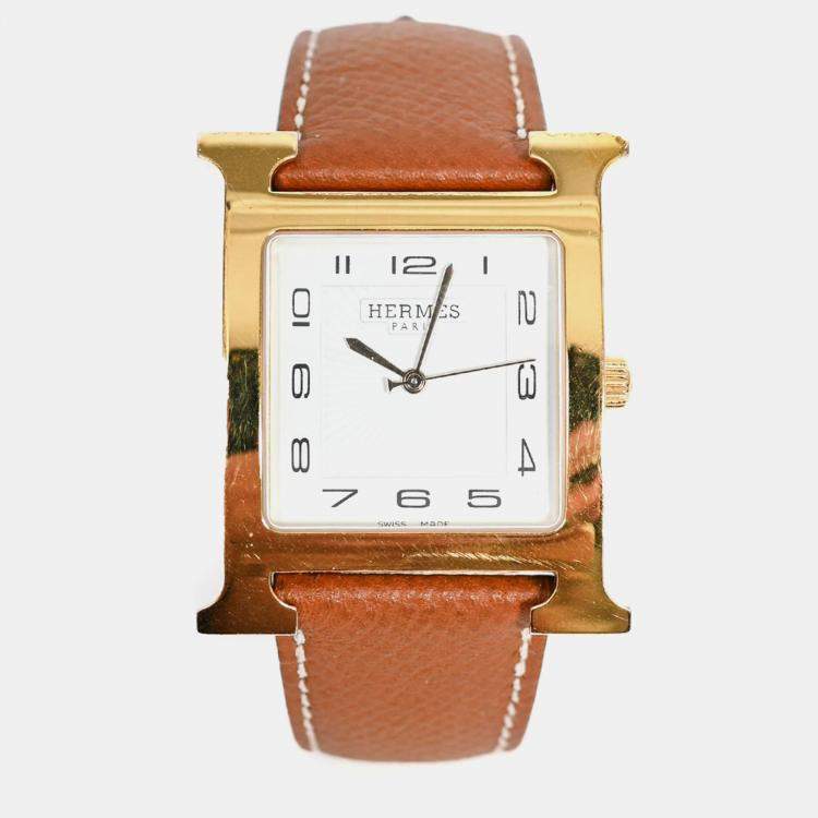 Pre Owned Hermes Gold Epsom Leather Medium 30mm 'Heure' Watch