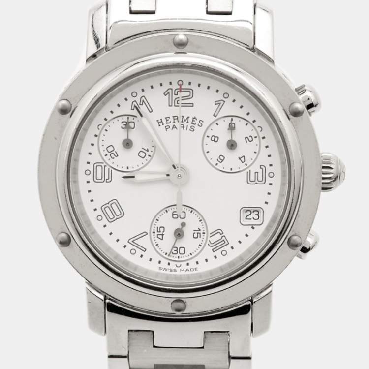 Pre Owned Hermes Clipper CL1.310 Quartz White Stainless Steel Women's Wristwatch 31 mm