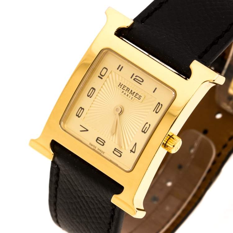Pre Owned Hermes Yellow Gold Plated Stainless Steel Heure H Women's Wristwatch 26 mm