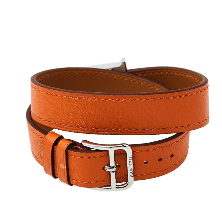 Pre Owned Hermes Silver Stainless Steel Leather Wrap Heure H HH1.210 Women's Wristwatch 21 mm