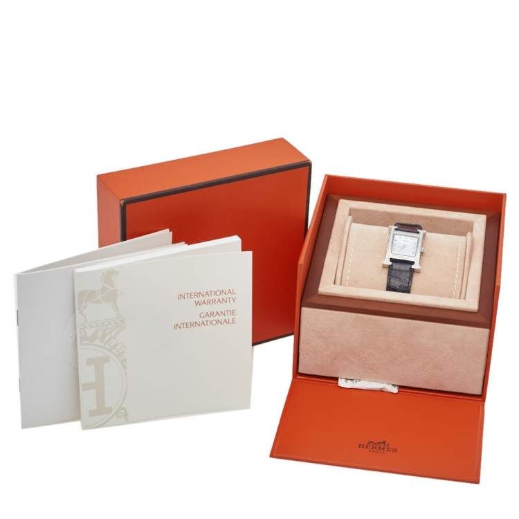 Pre Owned Hermes Mother Of Pearl Stainless Steel Diamonds H Hour HH1.230 Women's Wristwatch 21 mm