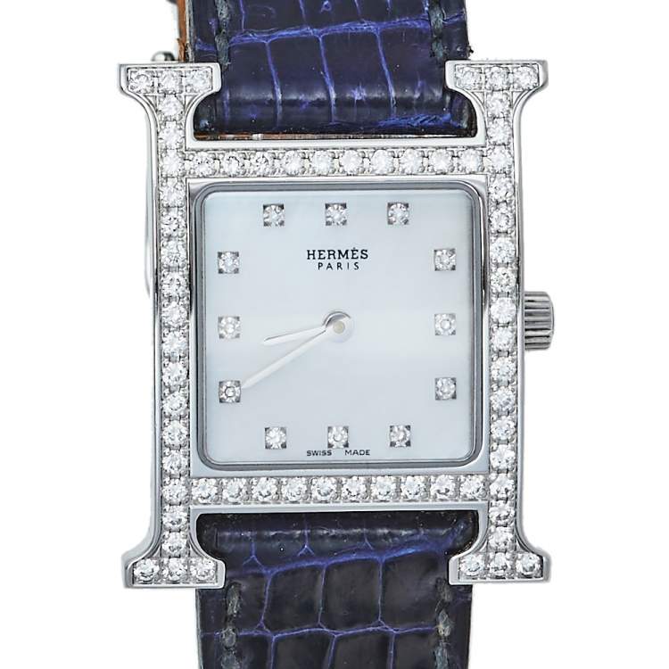 Pre Owned Hermes Mother Of Pearl Stainless Steel Diamonds H Hour HH1.230 Women's Wristwatch 21 mm