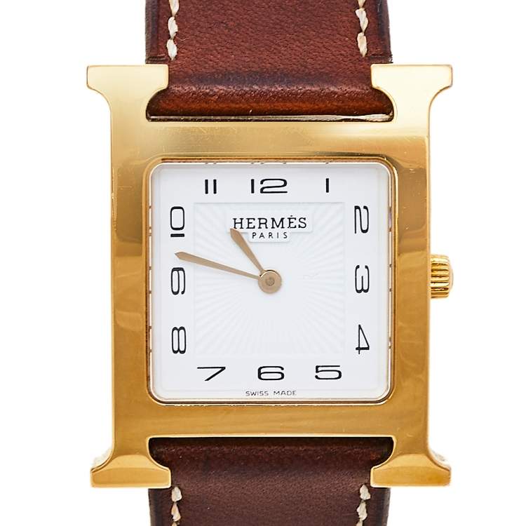 Pre Owned Hermes White Gold Plated Stainless Steel Leather Heure H HH1.501 Women's Wristwatch 26 mm