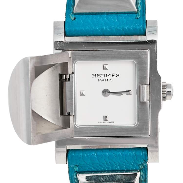 Pre Owned Hermes Silver Stainless Steel Leather Medor Me2.210 Women's Wristwatch 23 mm