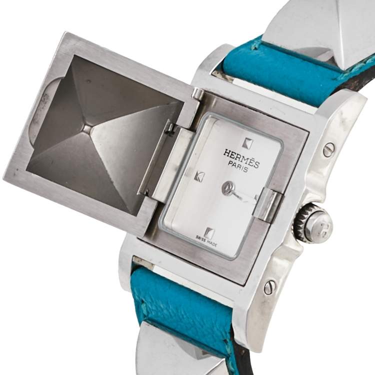 Pre Owned Hermes Silver Stainless Steel Leather Medor Me2.210 Women's Wristwatch 23 mm