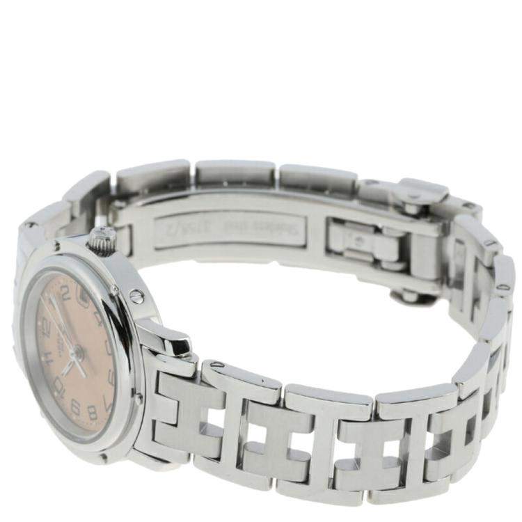 Pre Owned Hermes Pink Stainless Steel Clipper CL4.210.431.13758 Women's Wristwatch 24 MM