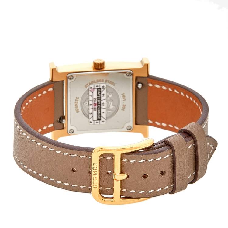Pre Owned Hermes White Yellow Gold Plated Stainless Steel Leather Heure H HH1201 Women's Wristwatch 21 mm 
