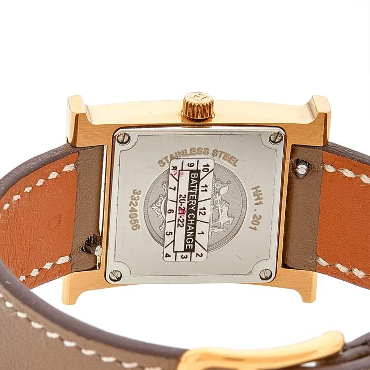 Pre Owned Hermes White Yellow Gold Plated Stainless Steel Leather Heure H HH1201 Women's Wristwatch 21 mm 