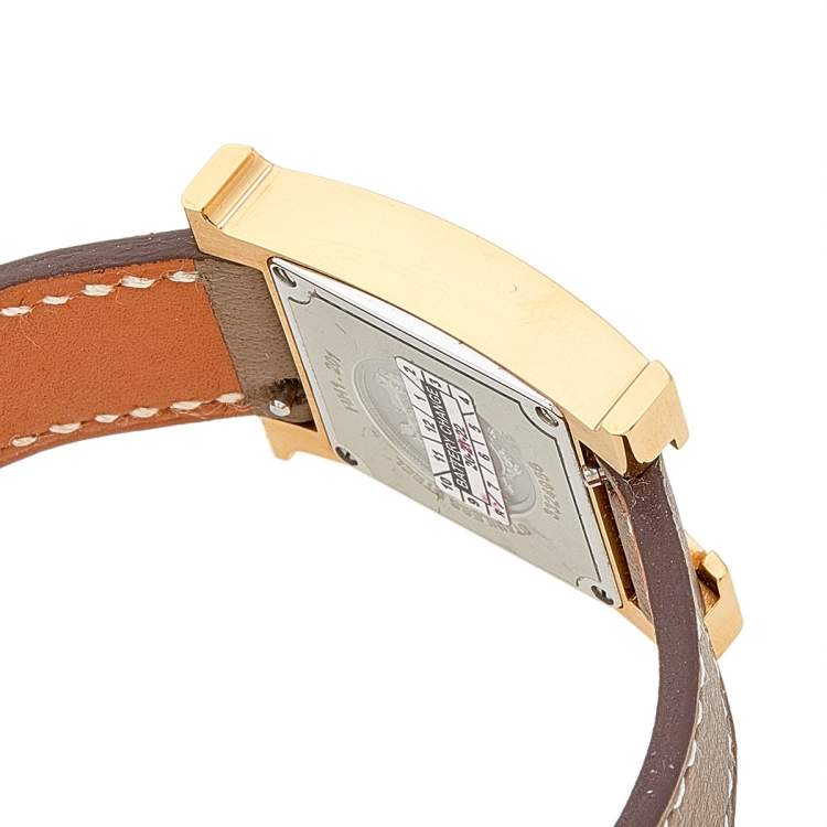 Pre Owned Hermes White Yellow Gold Plated Stainless Steel Leather Heure H HH1201 Women's Wristwatch 21 mm 