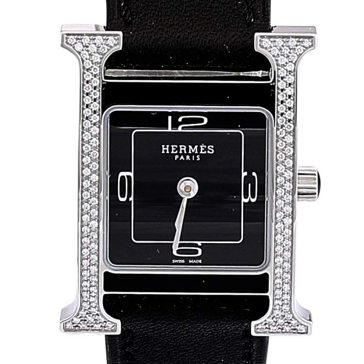 Pre Owned Hermes Black Stainless Steel Diamond Leather Heure H W046478WW00 Women's Wristwatch 21 mm