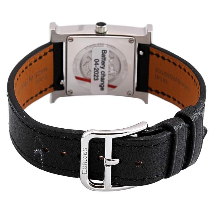 Pre Owned Hermes Black Stainless Steel Diamond Leather Heure H W046478WW00 Women's Wristwatch 21 mm