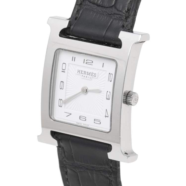 Pre Owned Hermes White Stainless Steel Leather Heure HH1.510 Women's Wristwatch 26 mm