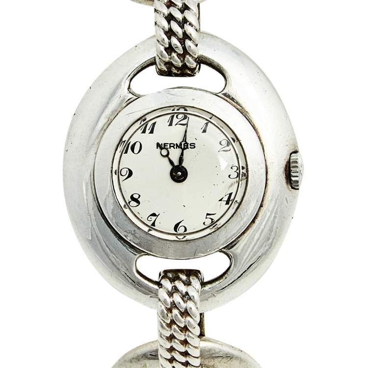 Pre Owned Hermes White Silver Vintage Women's Wristwatch 25 mm