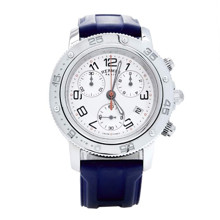 Pre Owned Hermes Silver Stainless Steel Rubber Clipper CP2.410 Women's Wristwatch 36 mm
