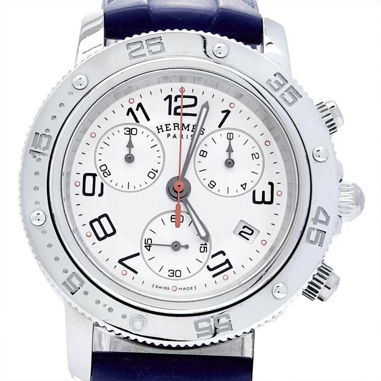 Pre Owned Hermes Silver Stainless Steel Rubber Clipper CP2.410 Women's Wristwatch 36 mm