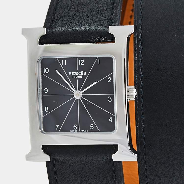 Pre Owned Hermès Black Stainless Steel Leather Wrap Heure H HH1.510 Women's Wristwatch 26 mm