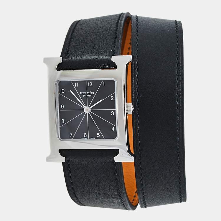 Pre Owned Hermès Black Stainless Steel Leather Wrap Heure H HH1.510 Women's Wristwatch 26 mm