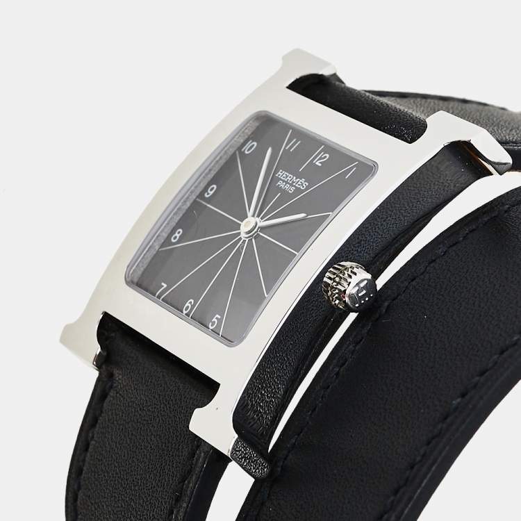 Pre Owned Hermès Black Stainless Steel Leather Wrap Heure H HH1.510 Women's Wristwatch 26 mm