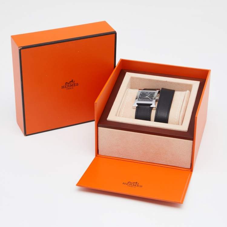 Pre Owned Hermès Black Stainless Steel Leather Wrap Heure H HH1.510 Women's Wristwatch 26 mm