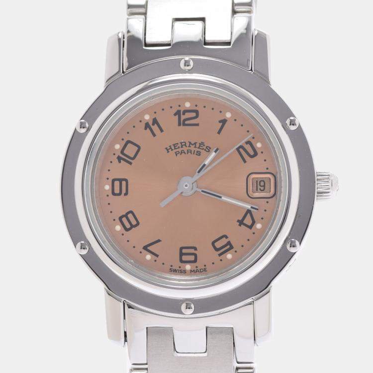 Pre Owned Hermes Pink Stainless Steel Clipper CL4.210 Women's Wristwatch 24 mm