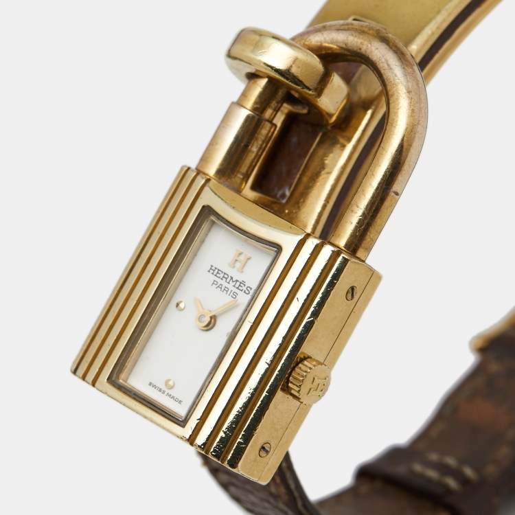 Pre Owned Hermès White Gold Plated Stainless Steel Leather Kelly Women's Wristwatch 20 mm
