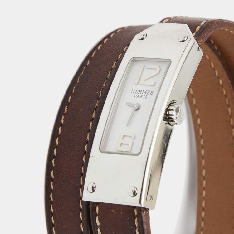 Pre Owned Hermes White Stainless Steel Kelly 2 Double Tour KT1.210 Women's Wristwatch 15 mm