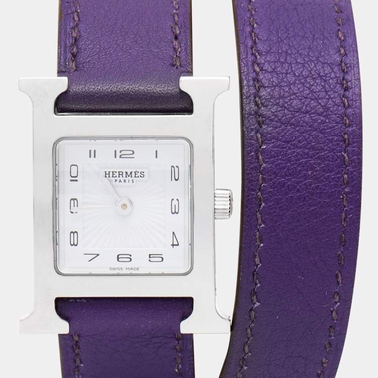 Pre Owned Hermes White Stainless Steel Leather Heure H HH1.210 Women's Wristwatch 21 mm