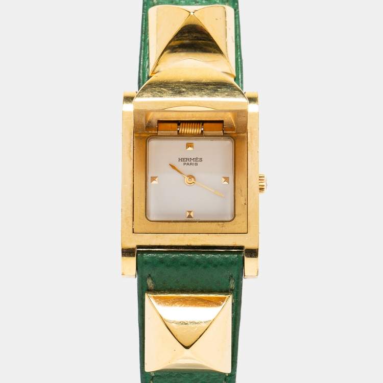 Pre Owned Hermes White Gold Plated Stainless Steel Leather Medor ME1.201 Women's wristwatch 23 mm