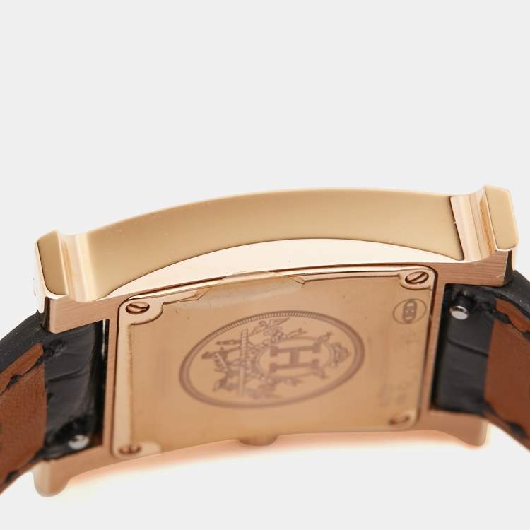 Pre Owned Hermès Mother Of Pearl 18K Rose Gold Diamond Alligator Leather Heure H HH1.271 Women's Wristwatch 21 mm
